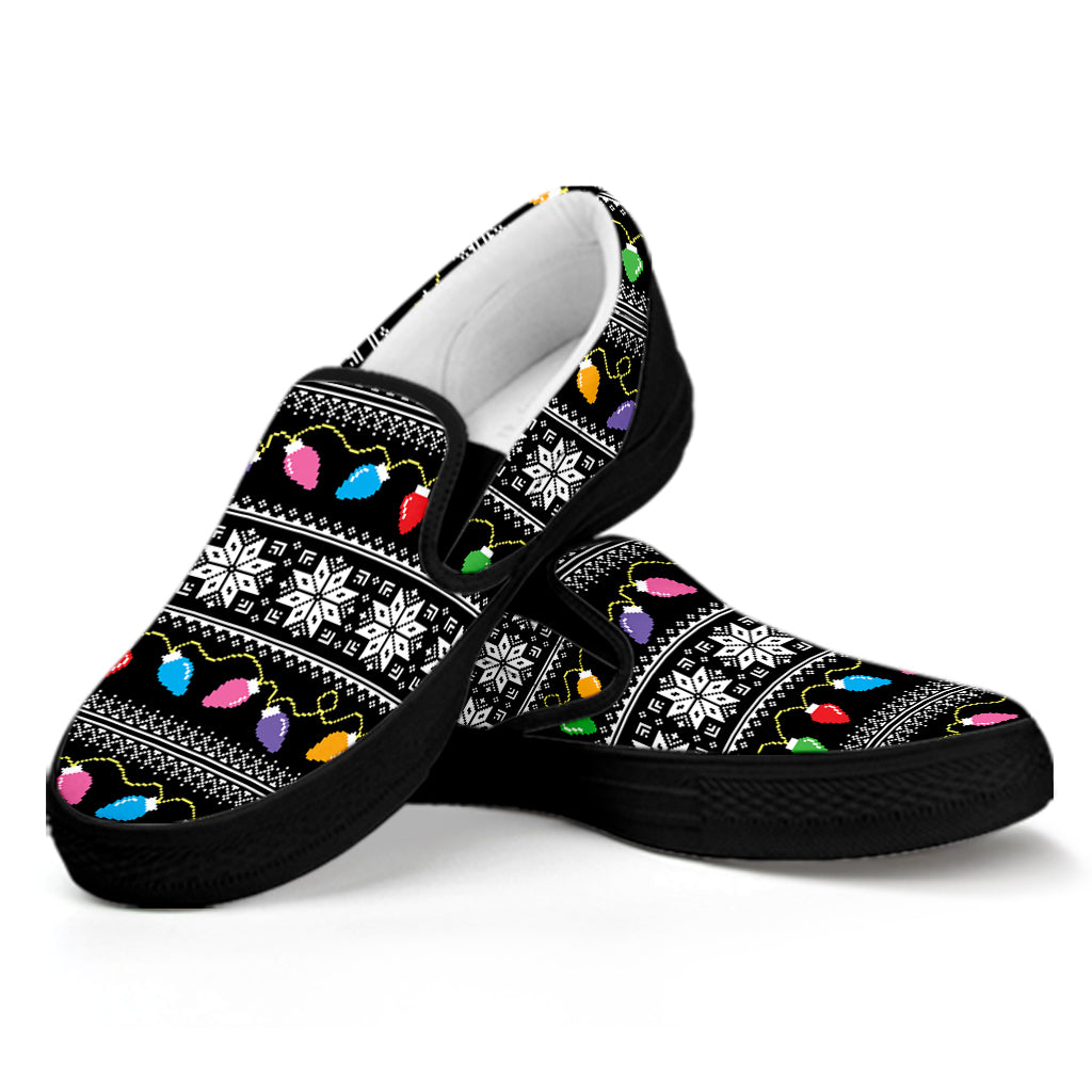 Christmas Tree Lights Print Black Slip On Shoes