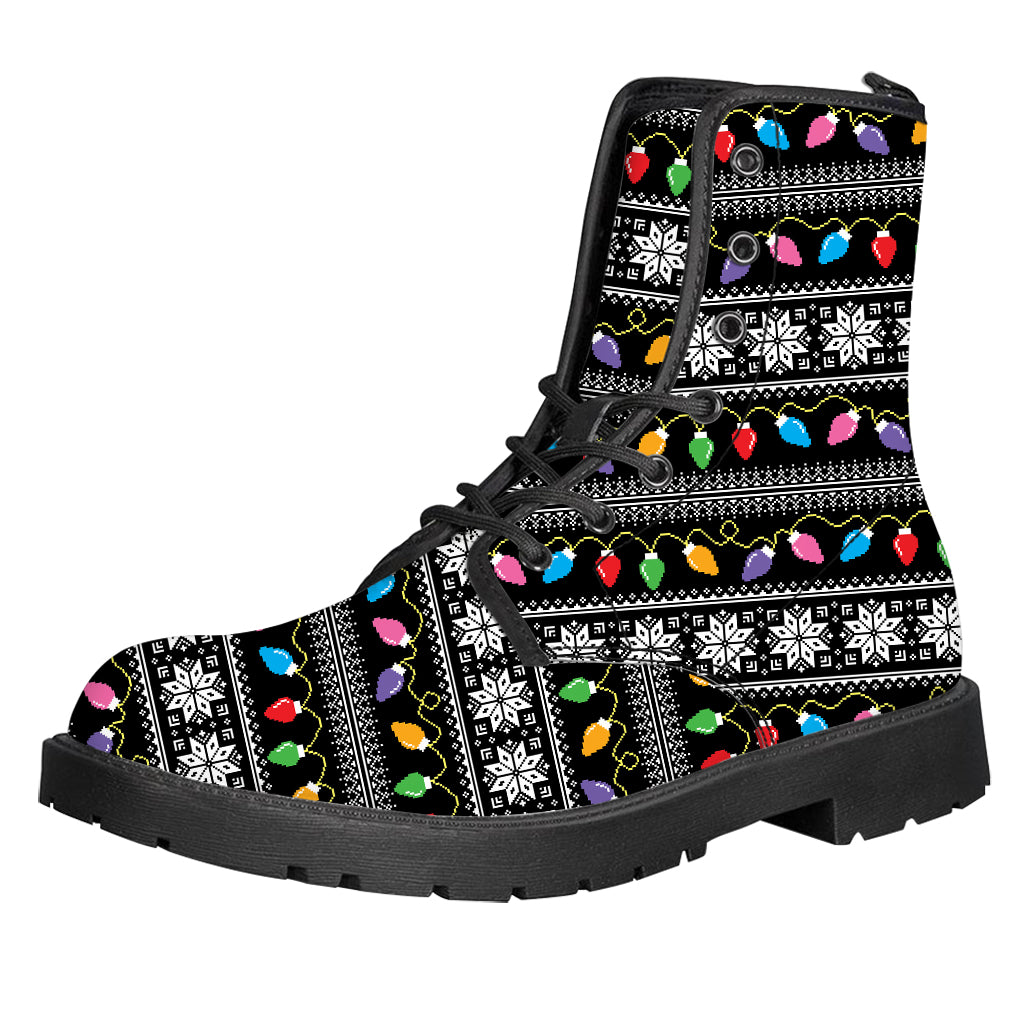 Christmas Tree Lights Print Leather Boots