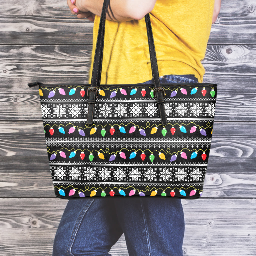 Christmas Tree Lights Print Leather Tote Bag