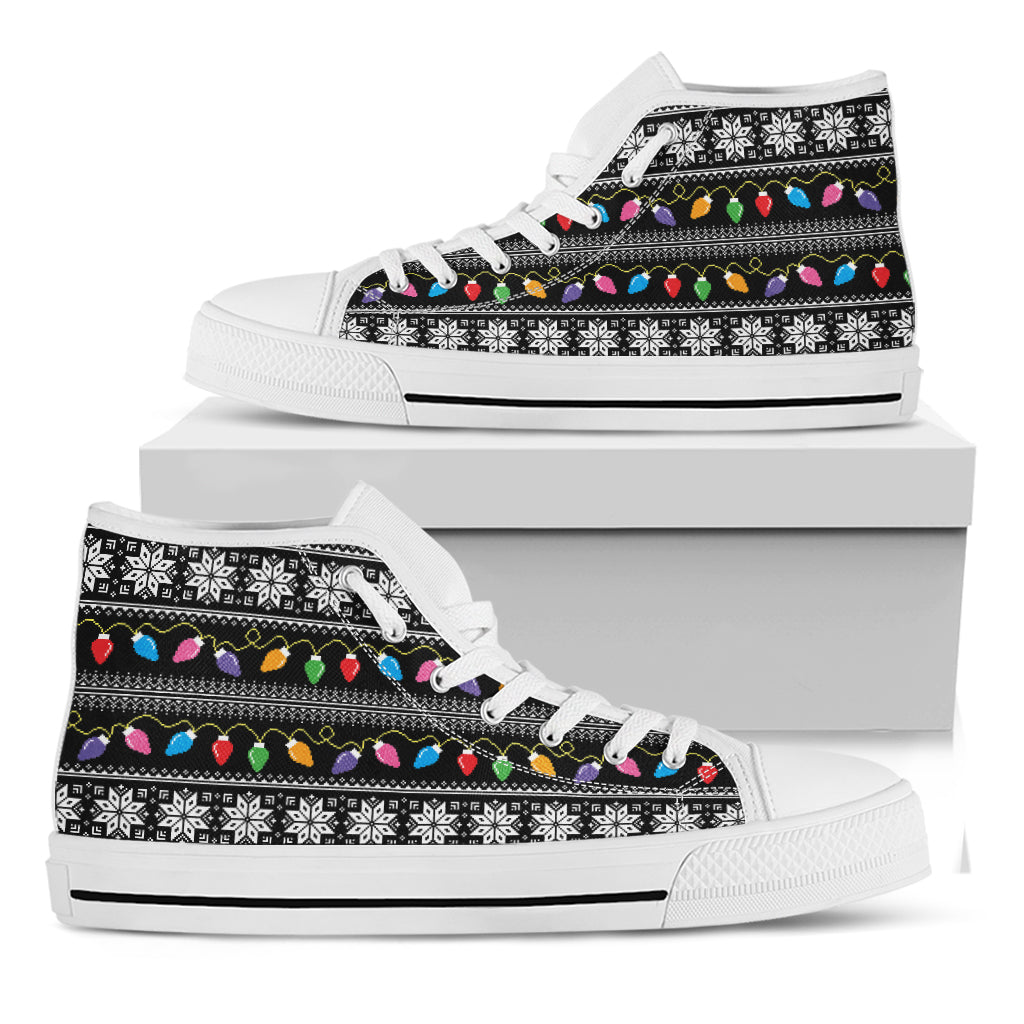 Christmas Tree Lights Print White High Top Shoes