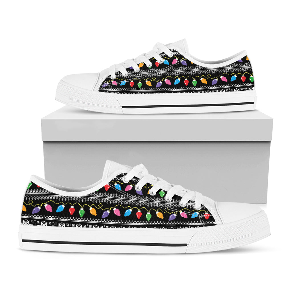 Christmas Tree Lights Print White Low Top Shoes