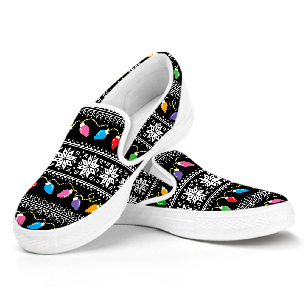 Christmas Tree Lights Print White Slip On Shoes