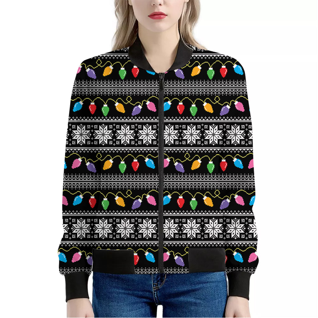 Christmas Tree Lights Print Women's Bomber Jacket