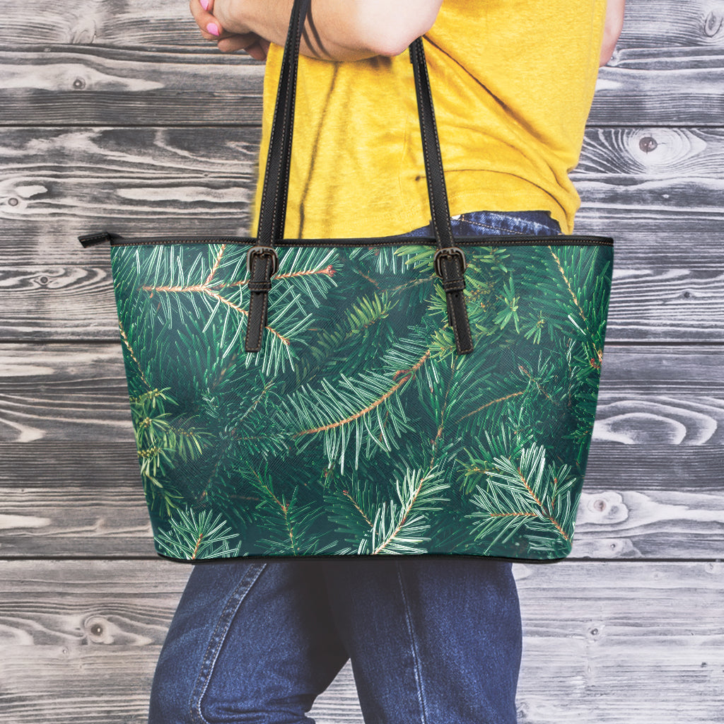 Christmas Tree Print Leather Tote Bag