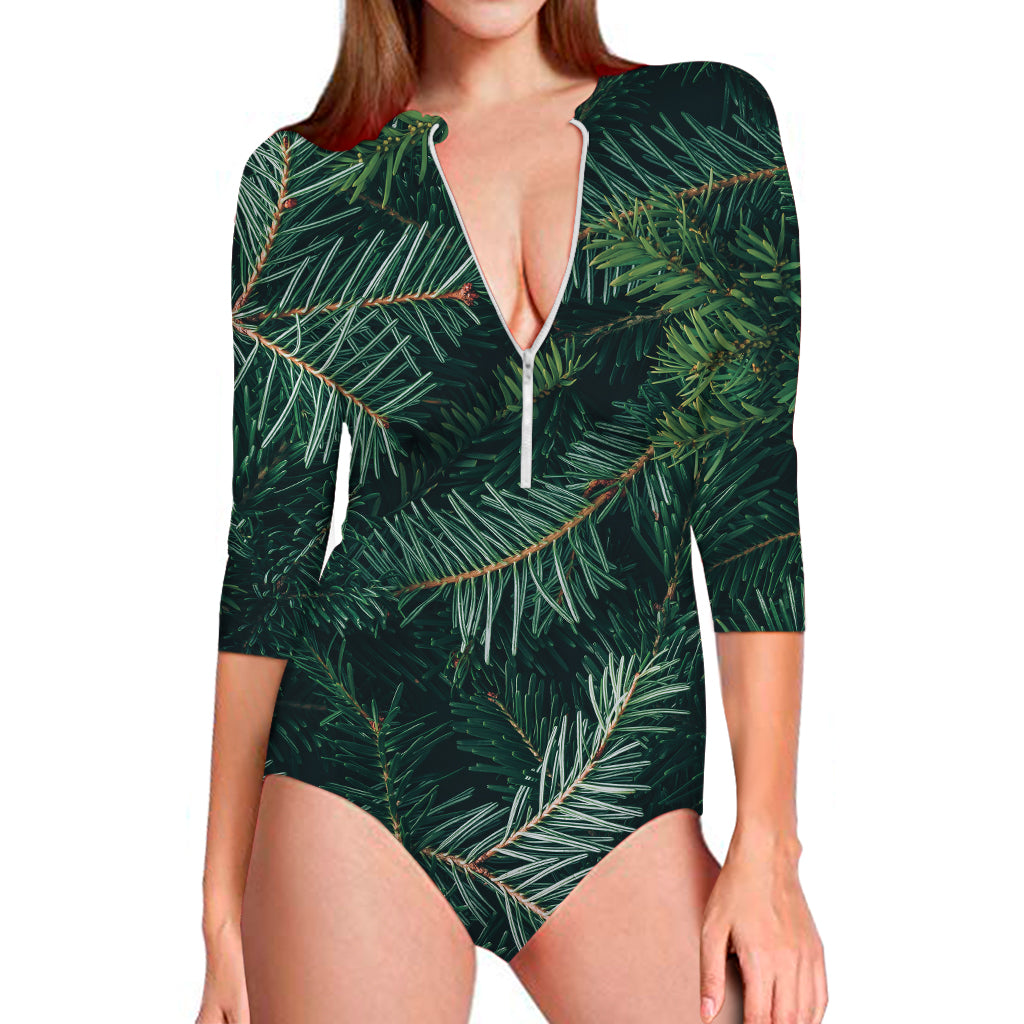 Christmas Tree Print Long Sleeve One Piece Swimsuit