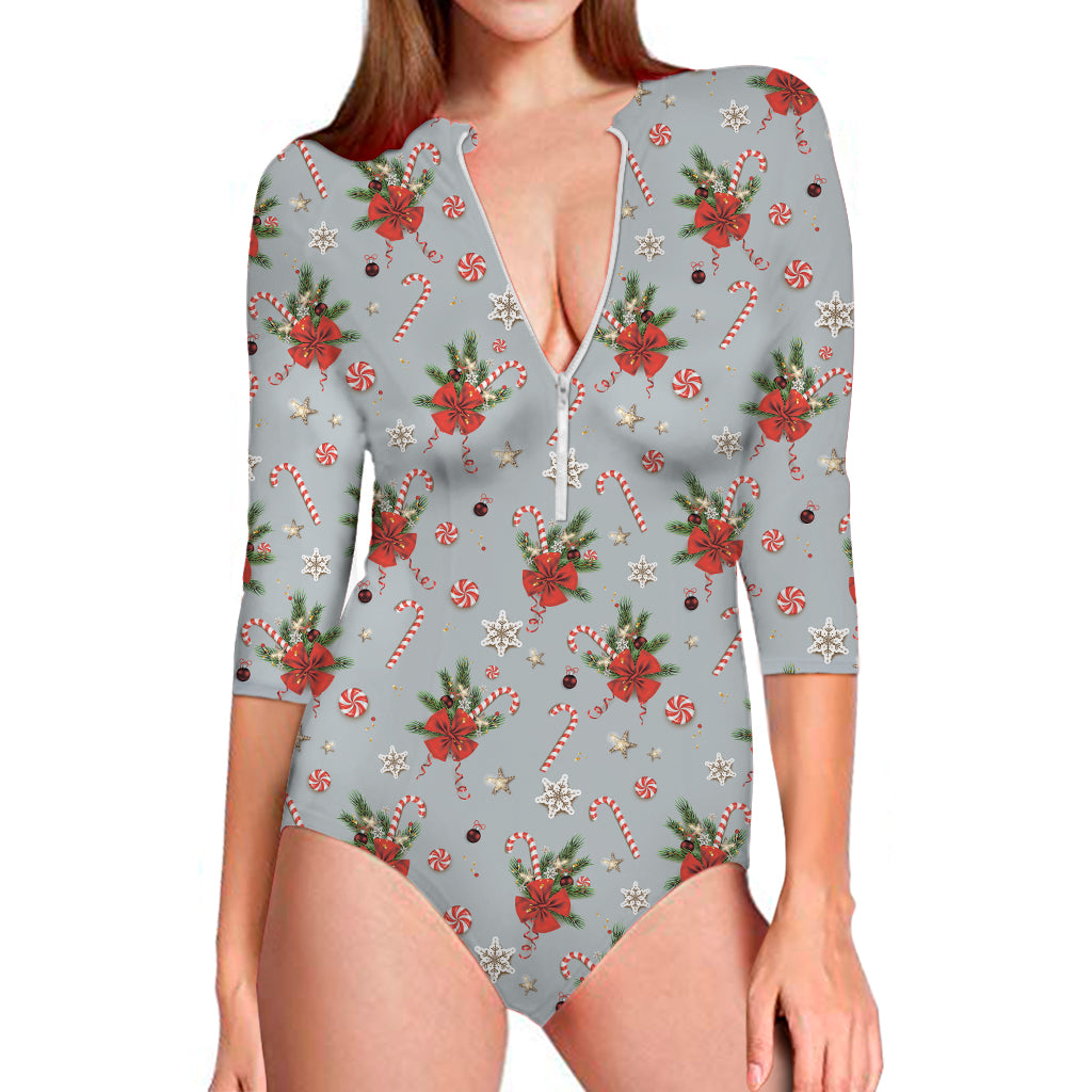 Christmas Winter Holiday Pattern Print Long Sleeve One Piece Swimsuit