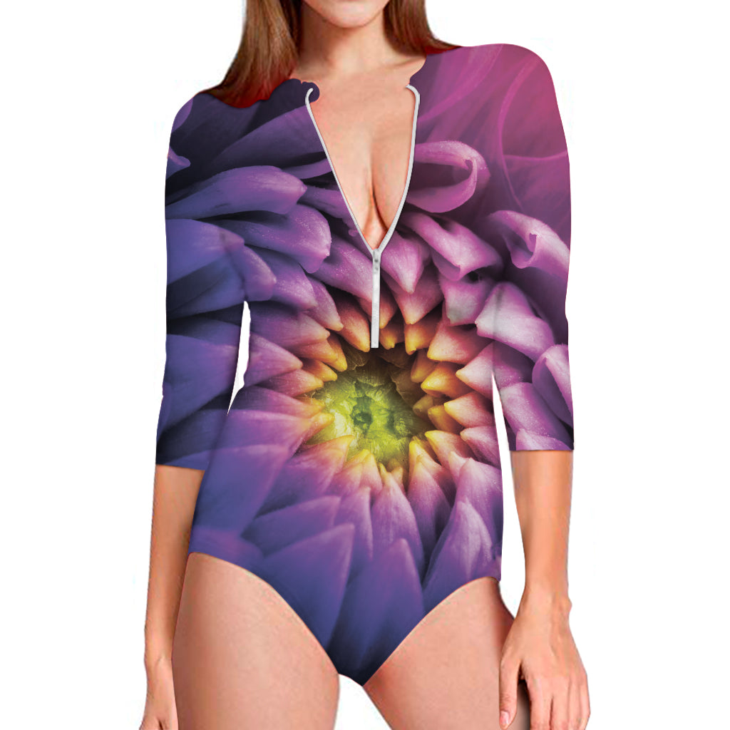 Chrysanthemum Flower Print Long Sleeve One Piece Swimsuit