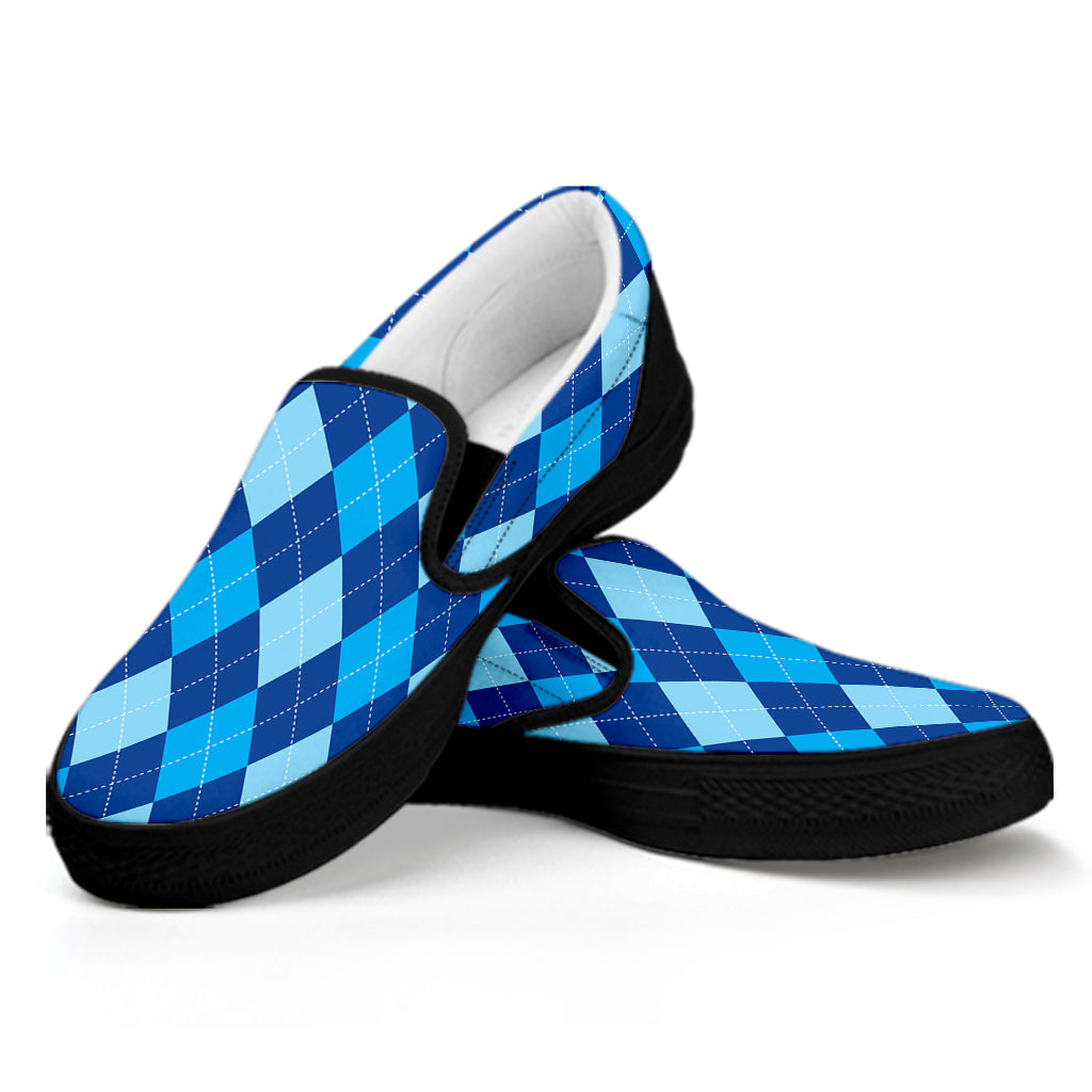 Classic Blue Argyle Pattern Print Black Slip On Shoes