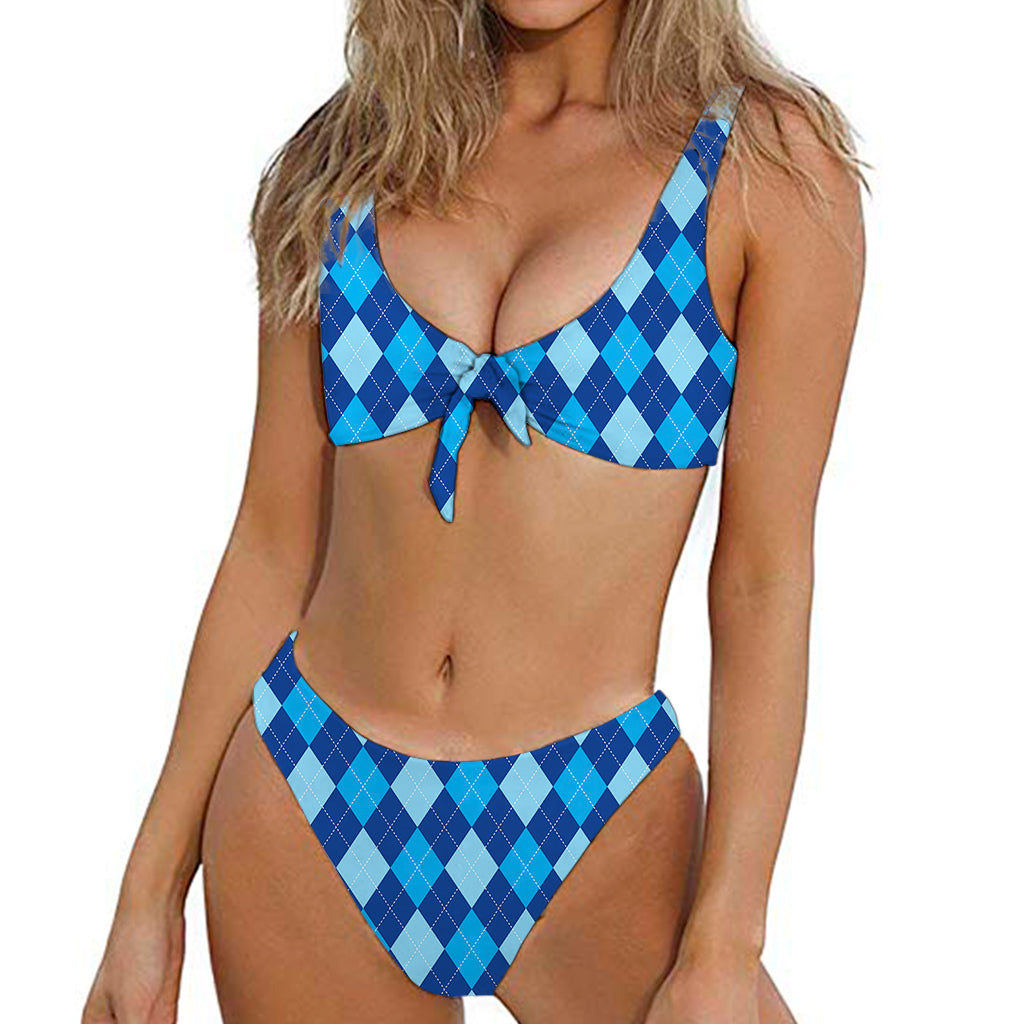 Classic Blue Argyle Pattern Print Front Bow Tie Bikini