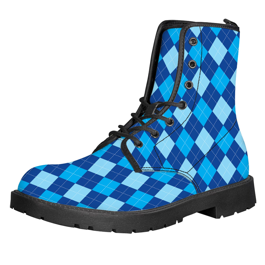 Classic Blue Argyle Pattern Print Leather Boots