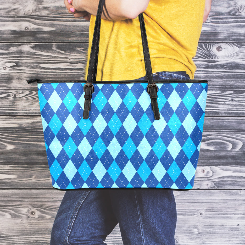 Classic Blue Argyle Pattern Print Leather Tote Bag