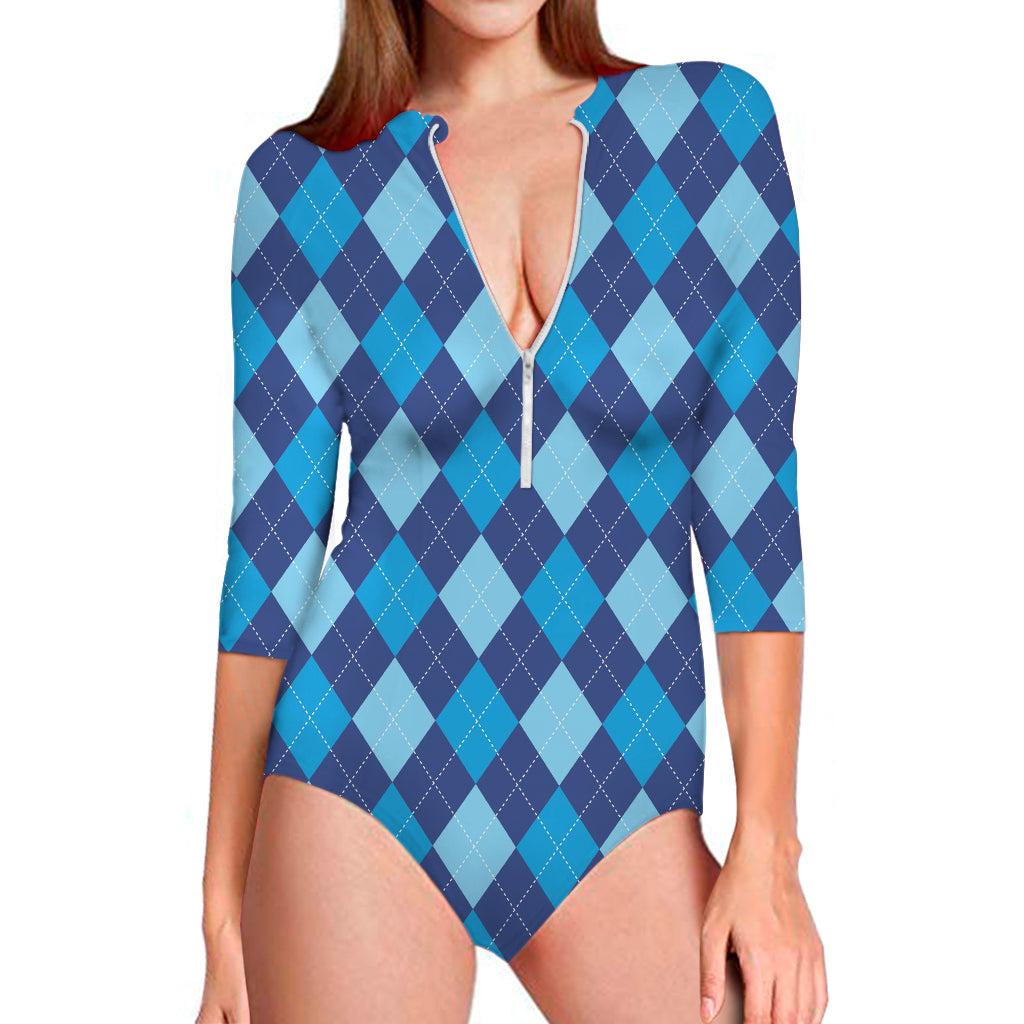 Classic Blue Argyle Pattern Print Long Sleeve One Piece Swimsuit