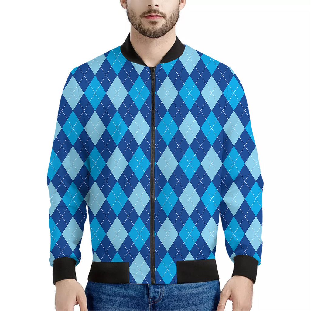 Classic Blue Argyle Pattern Print Men's Bomber Jacket