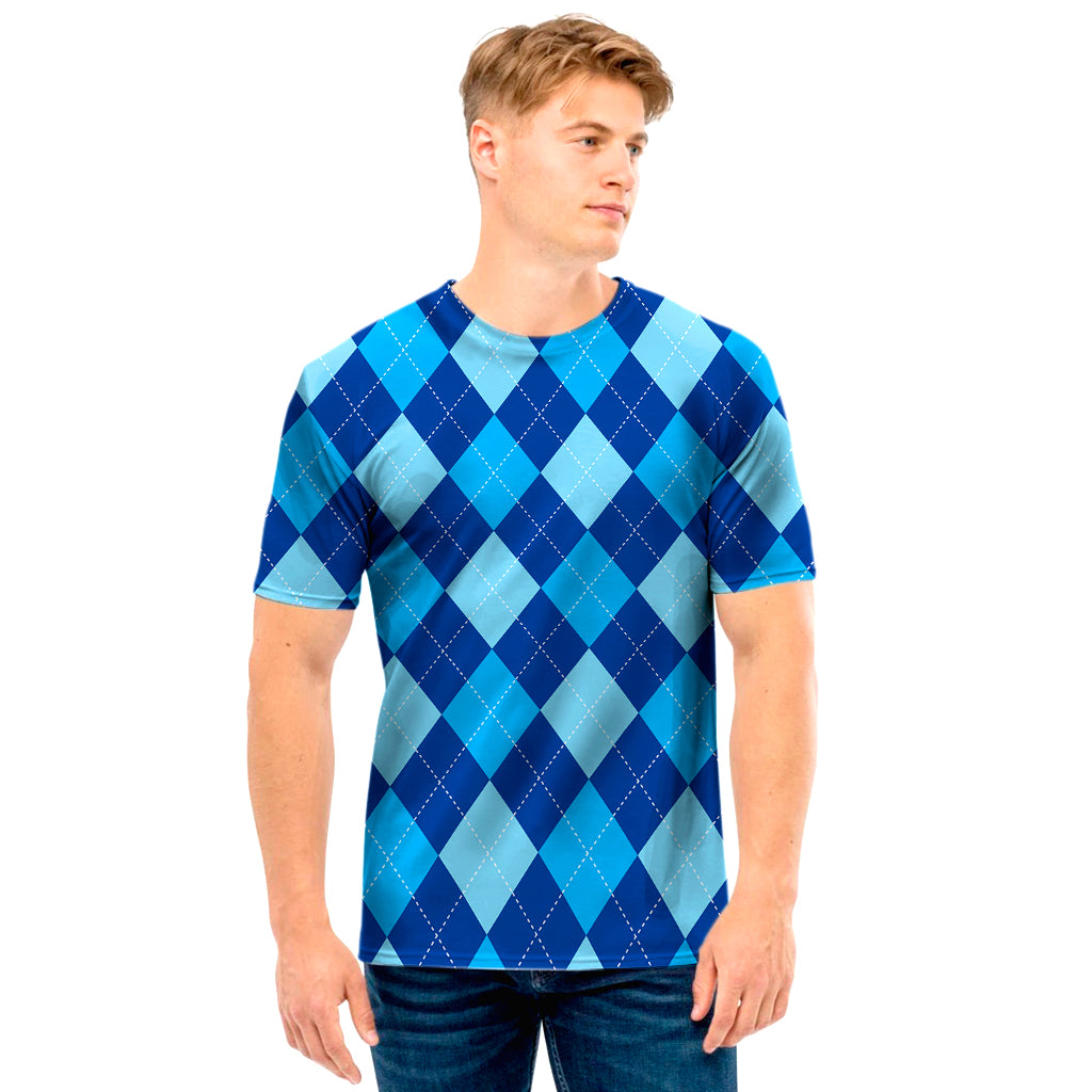 Classic Blue Argyle Pattern Print Men's T-Shirt