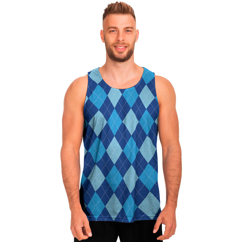 Classic Blue Argyle Pattern Print Men's Tank Top