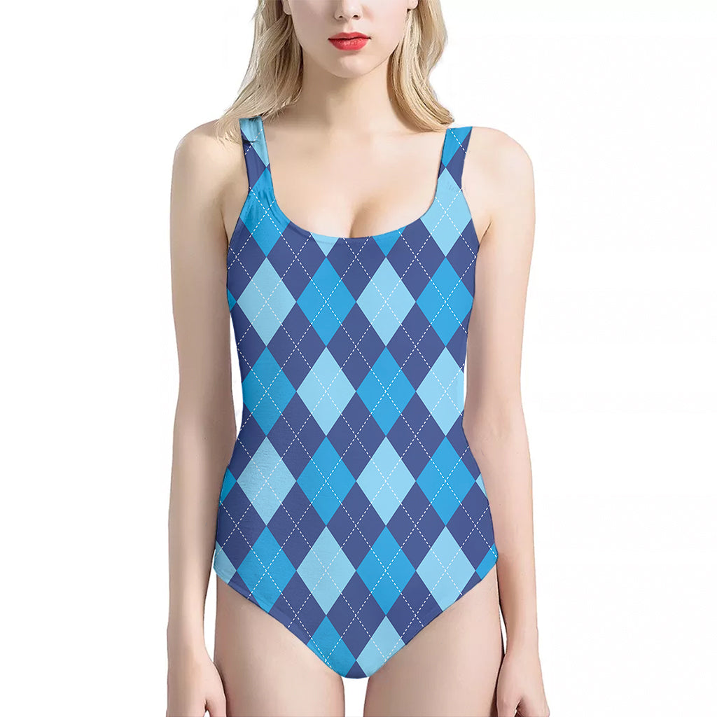 Classic Blue Argyle Pattern Print One Piece Halter Neck Swimsuit