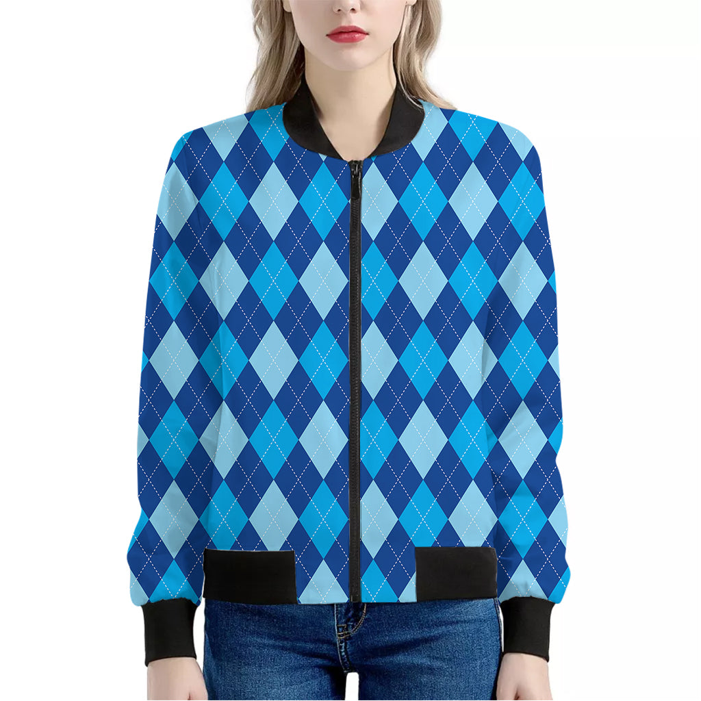 Classic Blue Argyle Pattern Print Women's Bomber Jacket