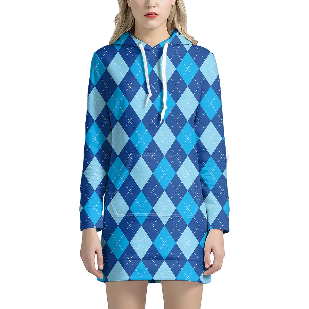 Classic Blue Argyle Pattern Print Women's Pullover Hoodie Dress