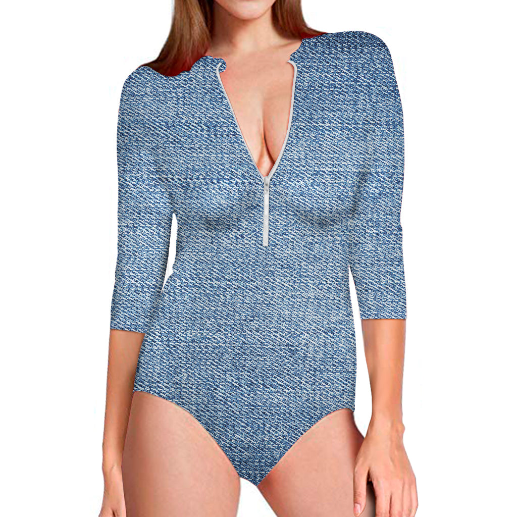 Classic Blue Denim Jeans Print Long Sleeve One Piece Swimsuit