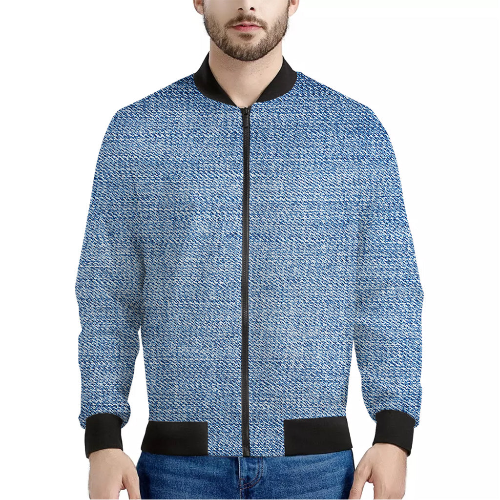 Classic Blue Denim Jeans Print Men's Bomber Jacket