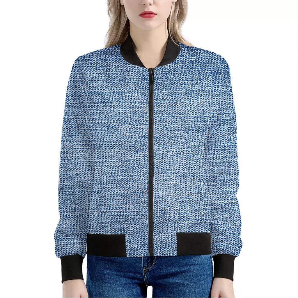 Classic Blue Denim Jeans Print Women's Bomber Jacket