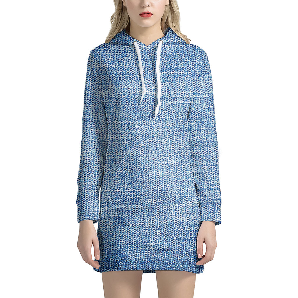 Classic Blue Denim Jeans Print Women's Pullover Hoodie Dress