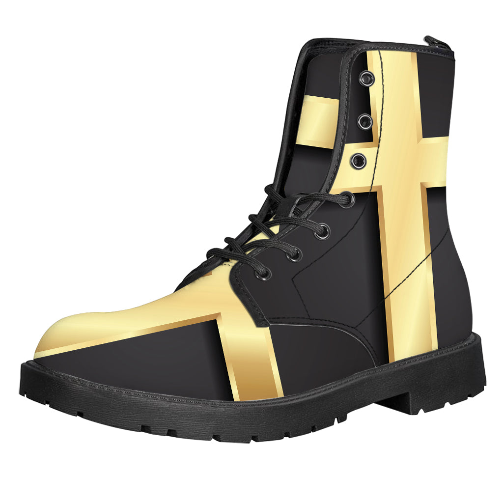 Classic Golden Cross Print Leather Boots