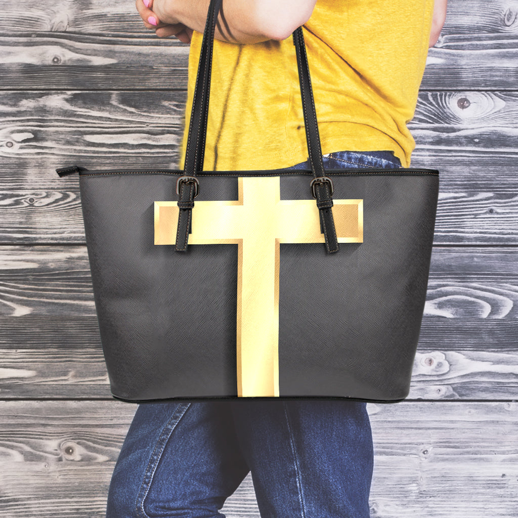 Classic Golden Cross Print Leather Tote Bag