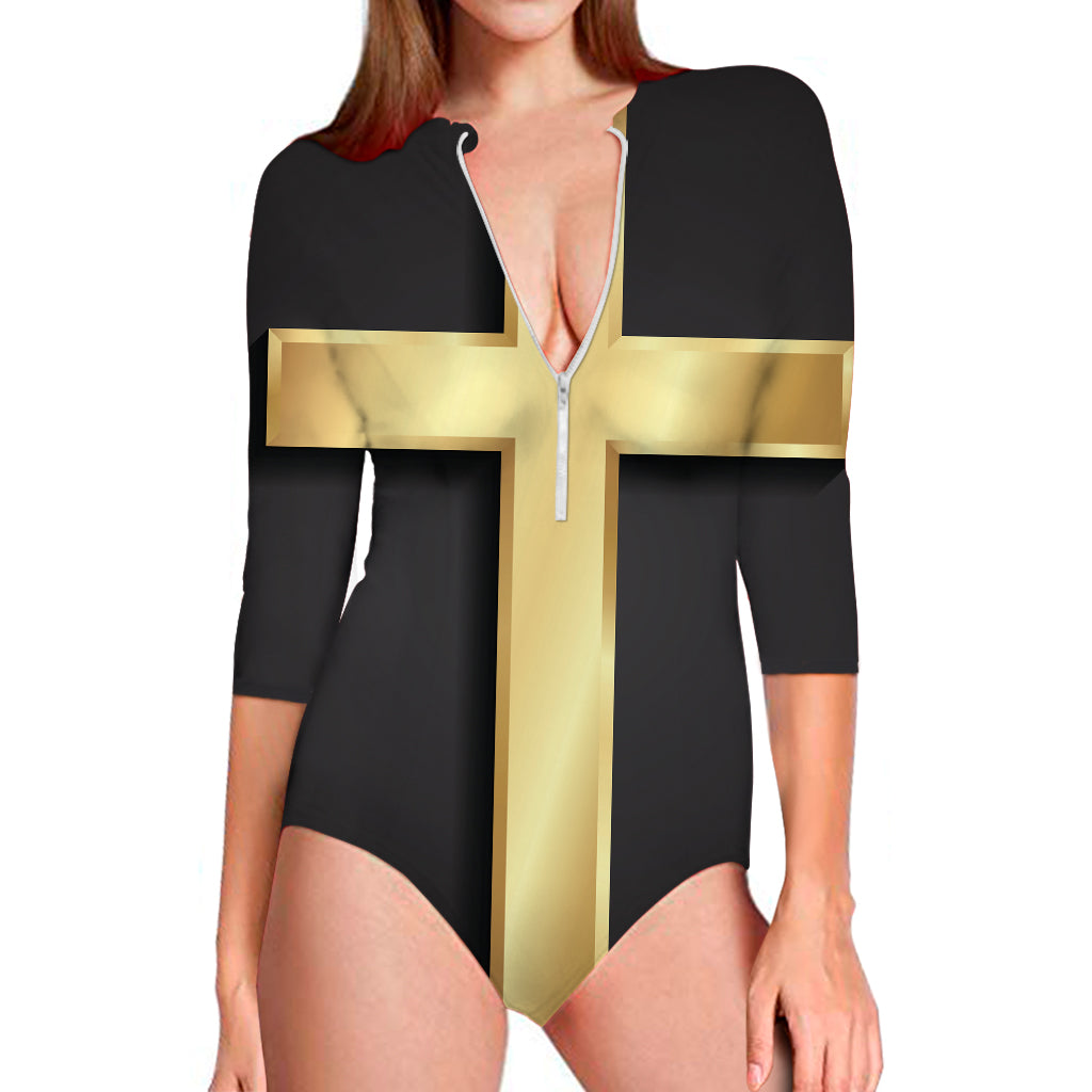 Classic Golden Cross Print Long Sleeve One Piece Swimsuit