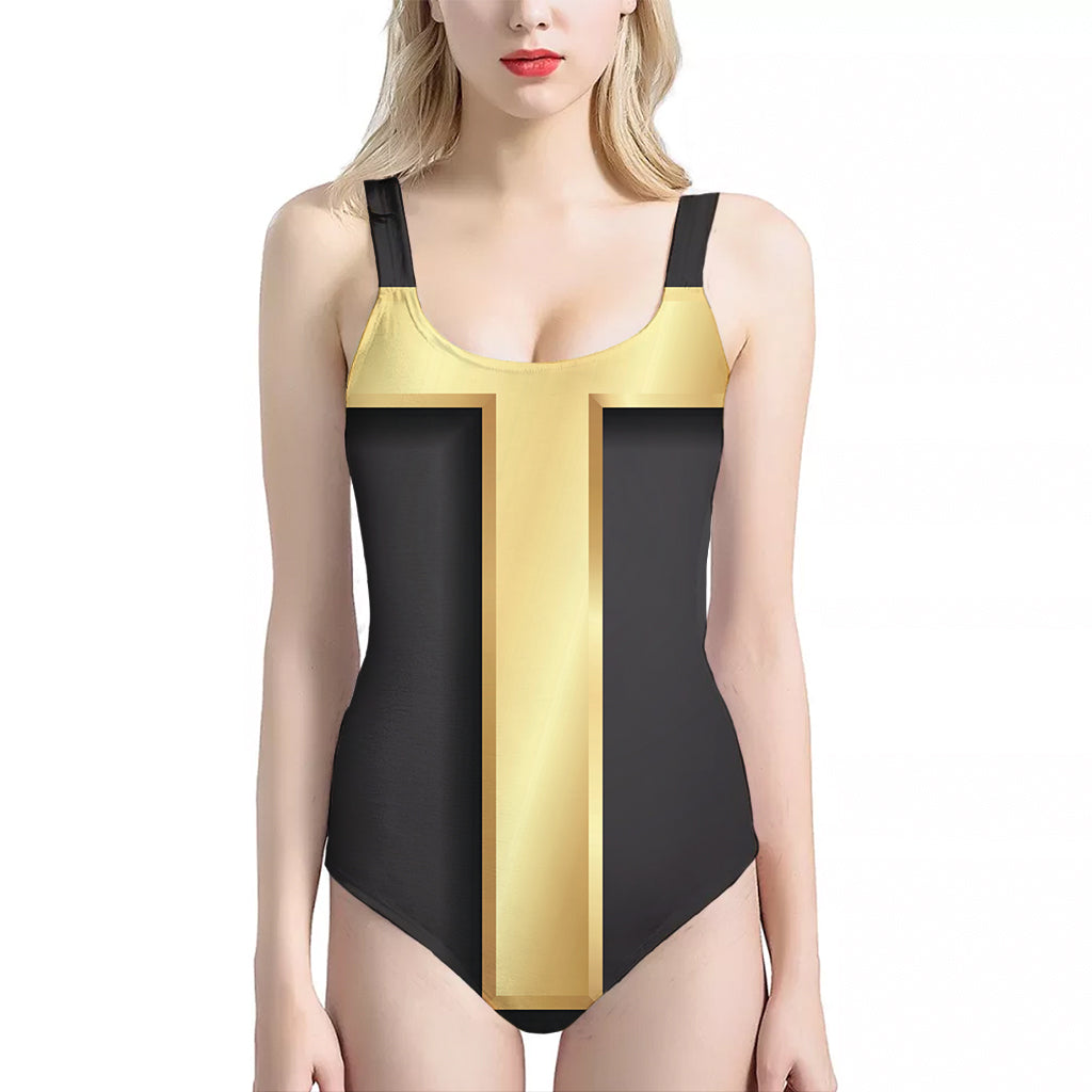 Classic Golden Cross Print One Piece Halter Neck Swimsuit