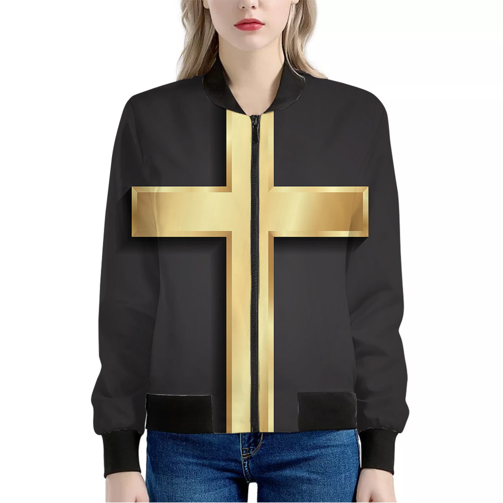 Classic Golden Cross Print Women's Bomber Jacket