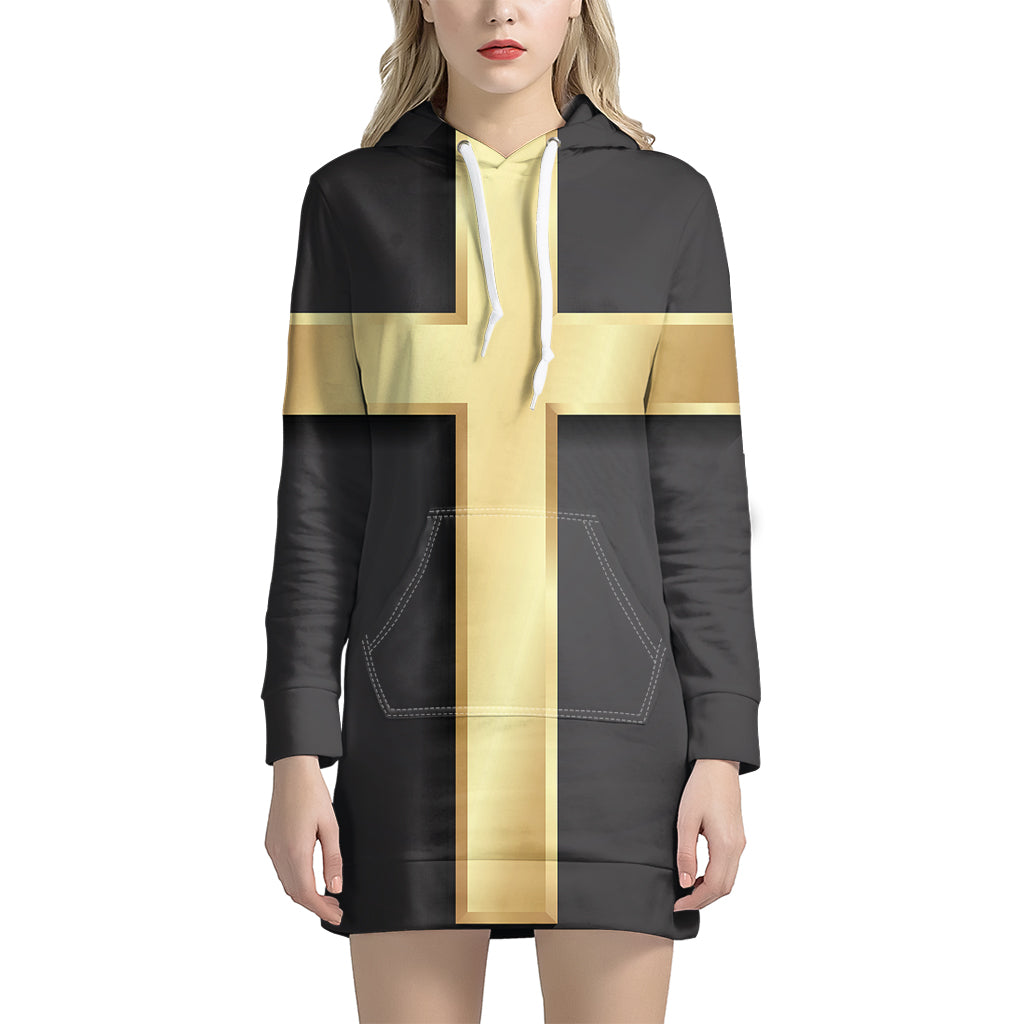 Classic Golden Cross Print Women's Pullover Hoodie Dress