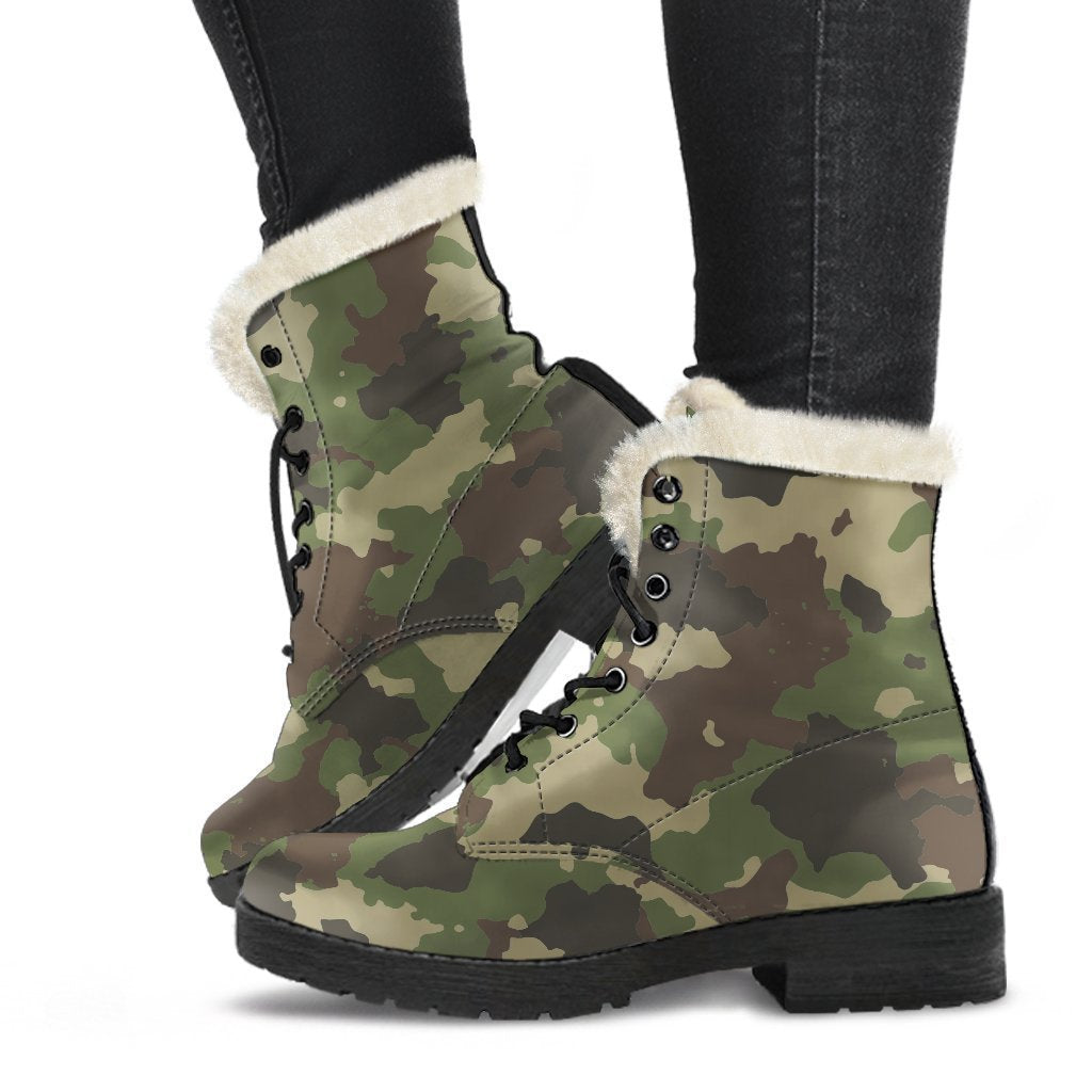 Classic Green Camouflage Print Faux Fur Leather Boots