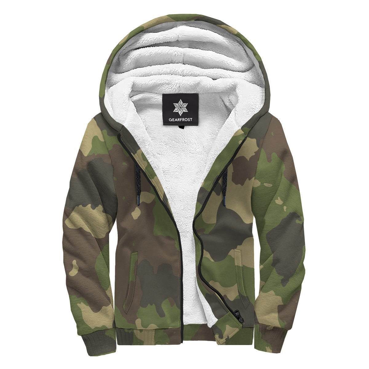 Classic Green Camouflage Print Sherpa Lined Fleece Hoodie