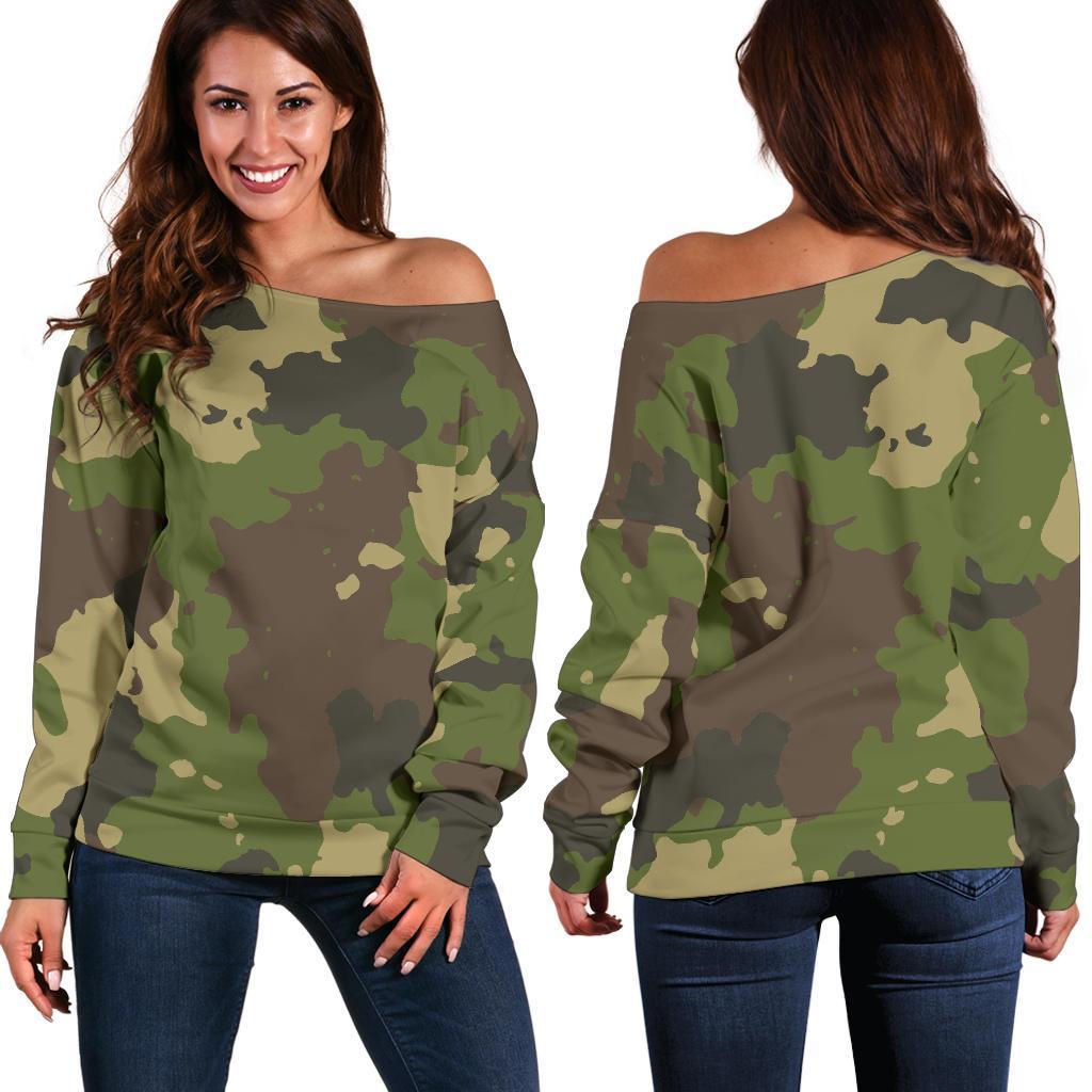 Classic Green Camouflage Print Women's Off-Shoulder Sweatshirt