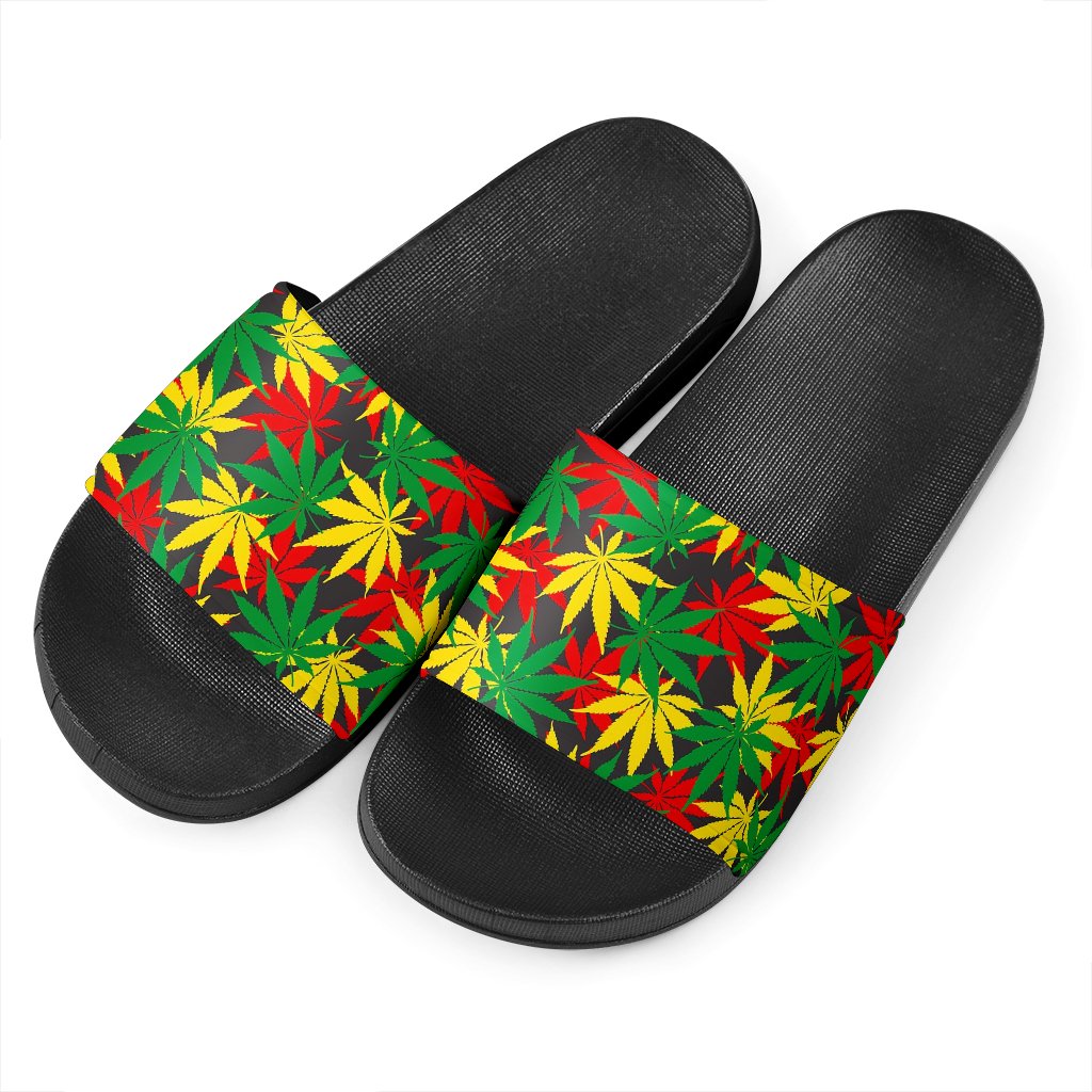 Classic Hemp Leaves Reggae Pattern Print Black Slide Sandals