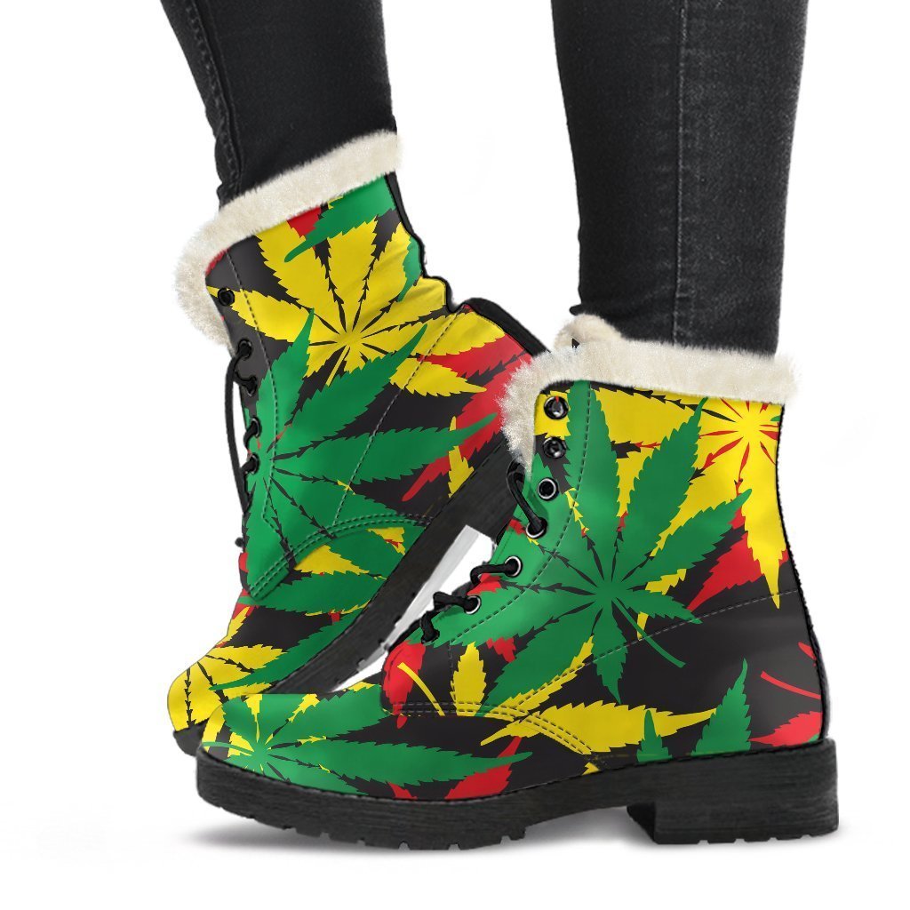 Classic Hemp Leaves Reggae Pattern Print Faux Fur Leather Boots