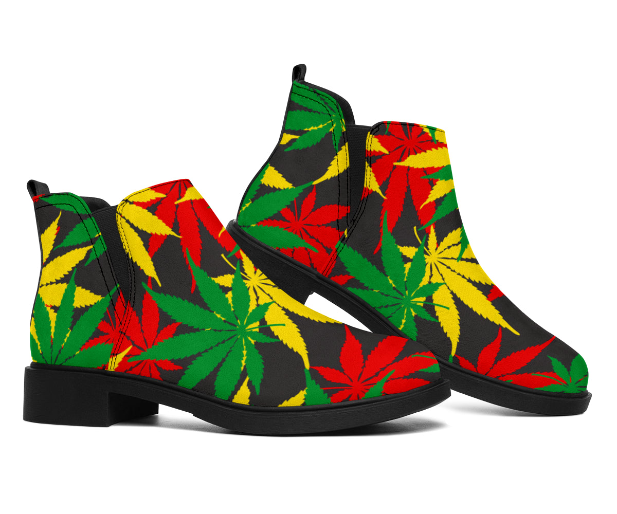 Classic Hemp Leaves Reggae Pattern Print Flat Ankle Boots