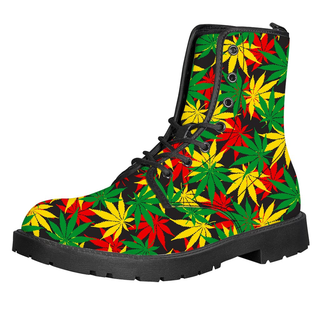 Classic Hemp Leaves Reggae Pattern Print Leather Boots