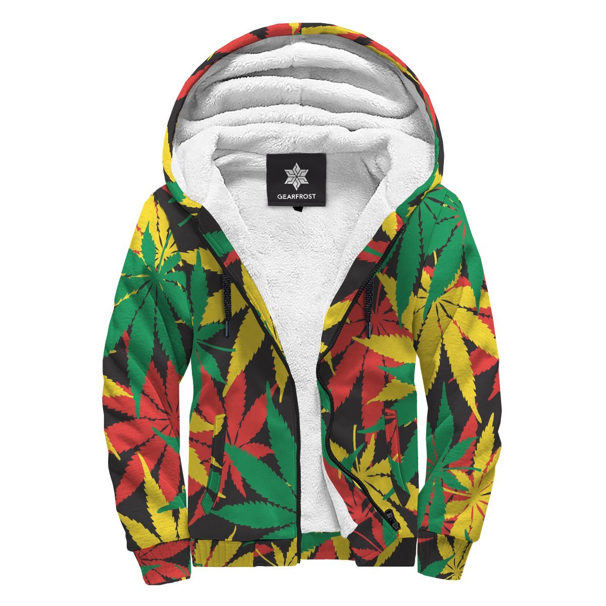 Classic Hemp Leaves Reggae Pattern Print Sherpa Lined Fleece Hoodie