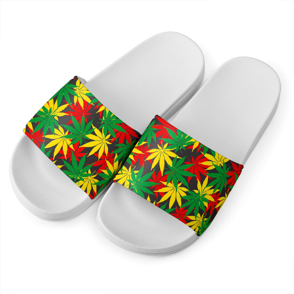 Classic Hemp Leaves Reggae Pattern Print White Slide Sandals