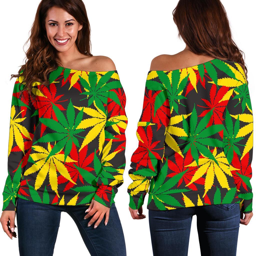 Classic Hemp Leaves Reggae Pattern Print Women's Off-Shoulder Sweatshirt