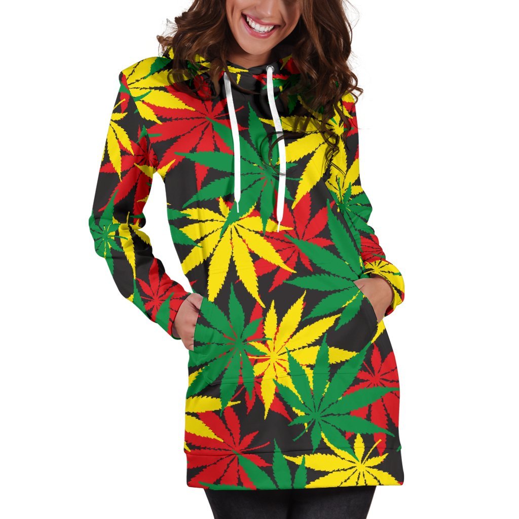 Classic Hemp Leaves Reggae Pattern Print Women's Pullover Hoodie Dress