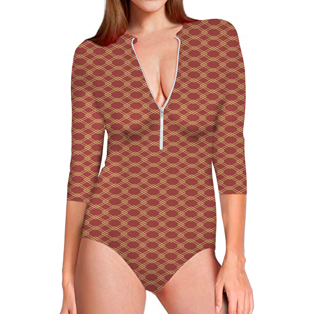 Classic Japanese Pattern Print Long Sleeve One Piece Swimsuit