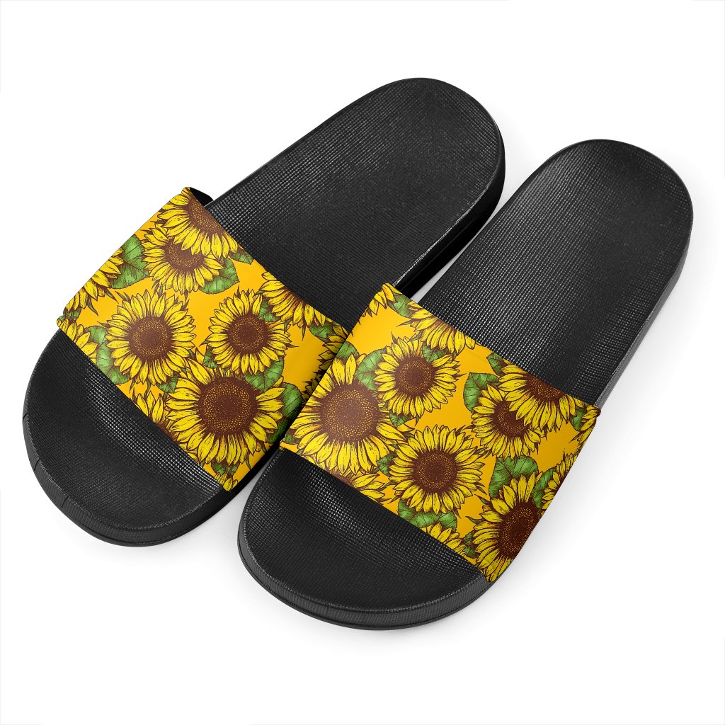 Classic Vintage Sunflower Pattern Print Black Slide Sandals