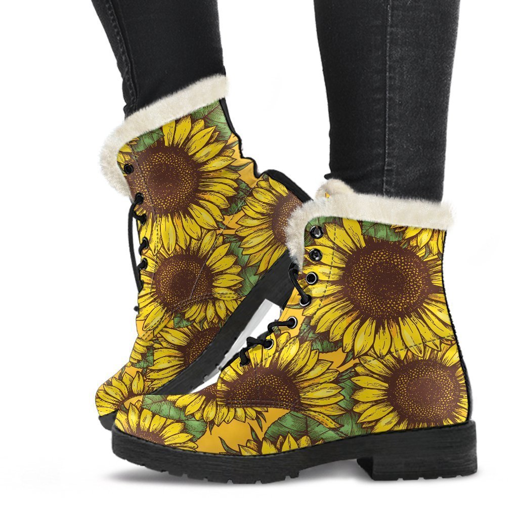 Classic Vintage Sunflower Pattern Print Faux Fur Leather Boots