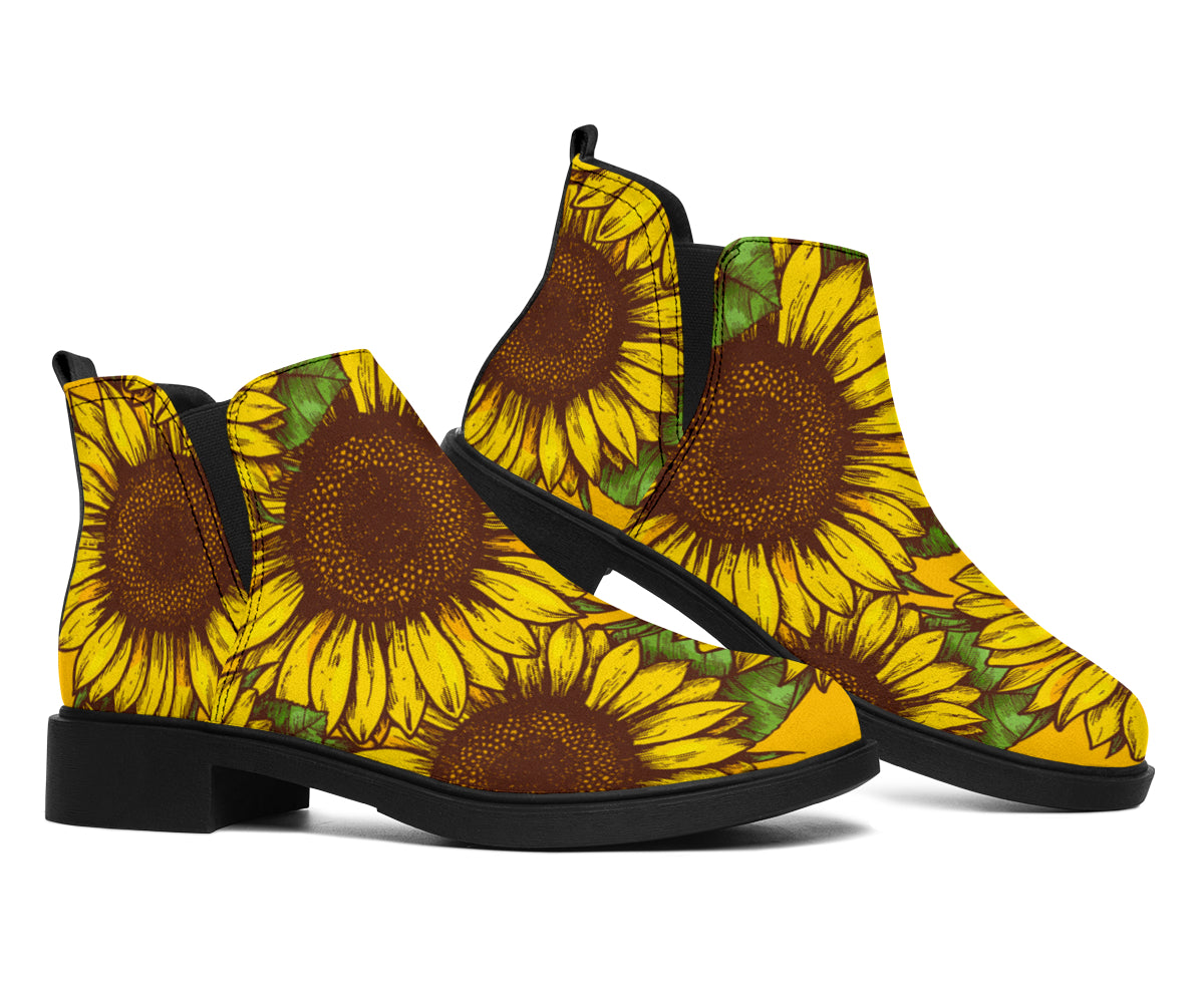 Classic Vintage Sunflower Pattern Print Flat Ankle Boots