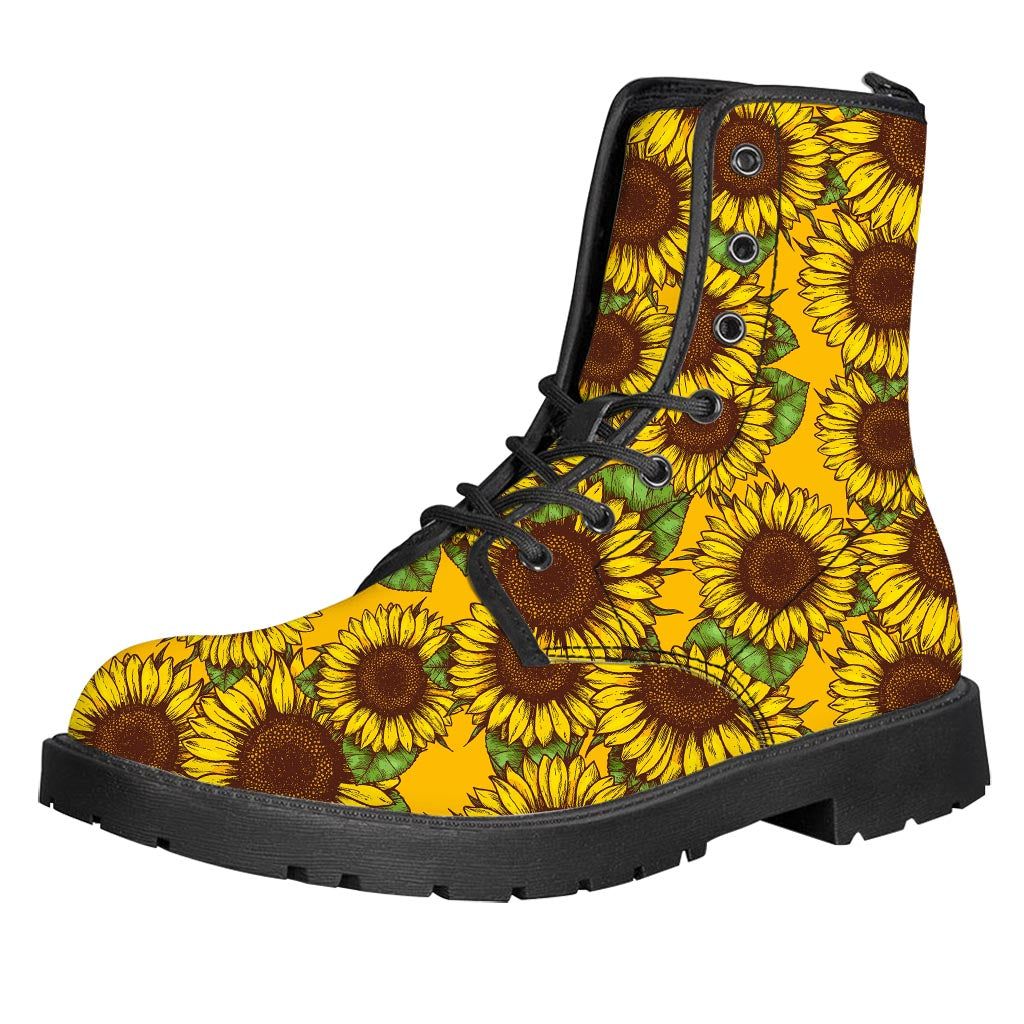 Classic Vintage Sunflower Pattern Print Leather Boots