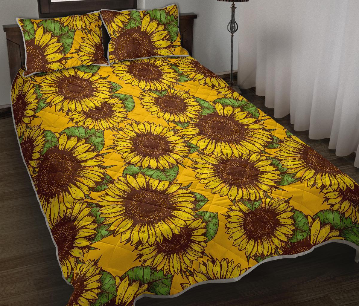 Classic Vintage Sunflower Pattern Print Quilt Bed Set
