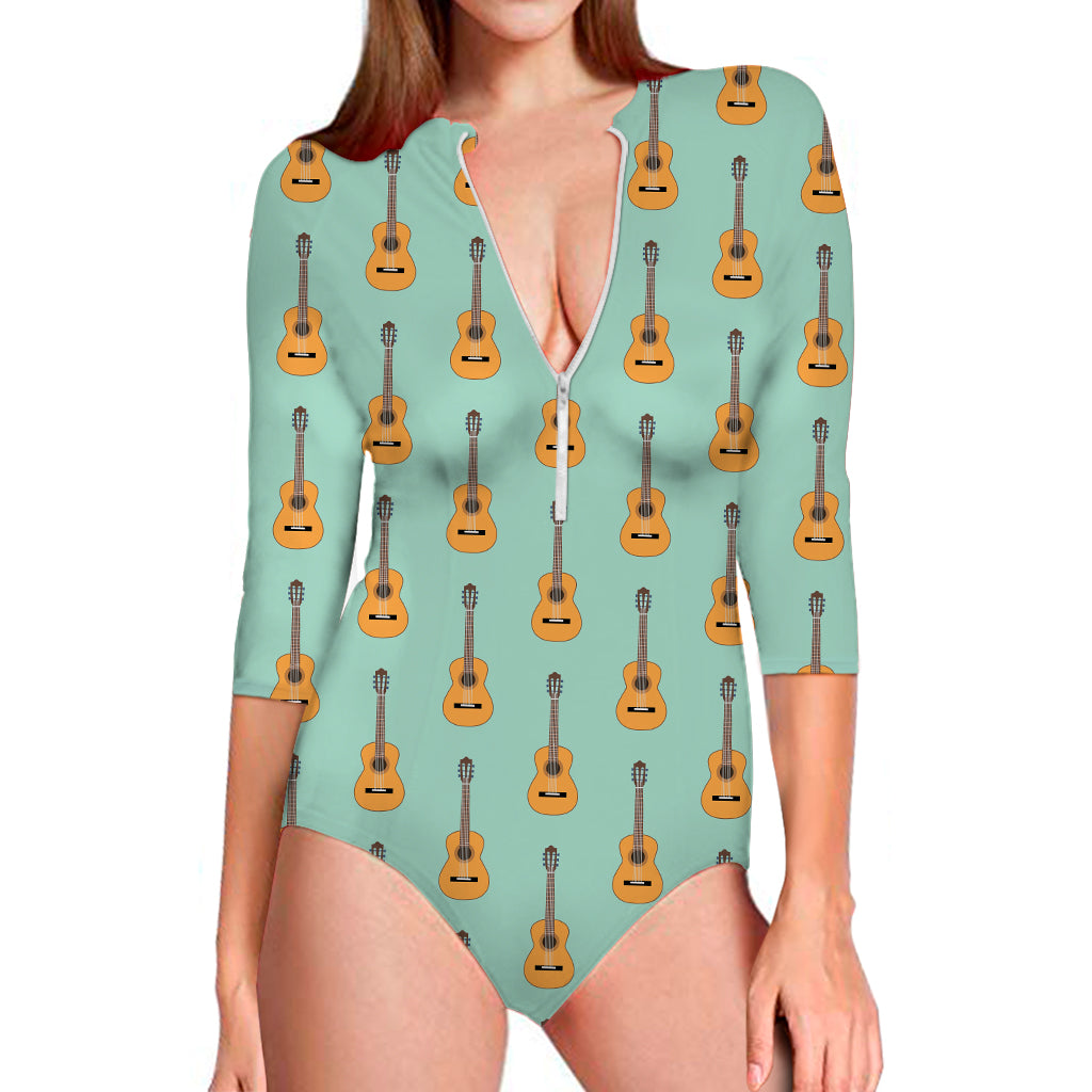 Classical Guitar Pattern Print Long Sleeve One Piece Swimsuit